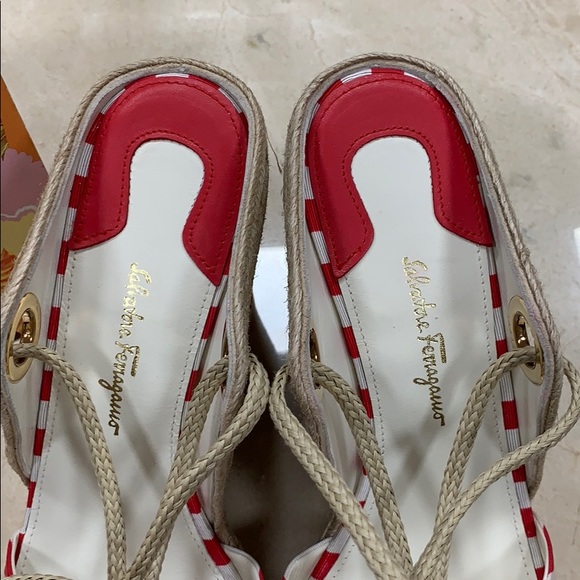 SALVATORE FERRAGAMO RED WHITE STRIPED FABRIC JUTE ESPADRILLES W/CALF LEATHER 8.5 - Picture 7 of 14